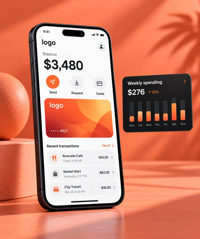 Light theme finance app concept with a mobile wallet and spending overview