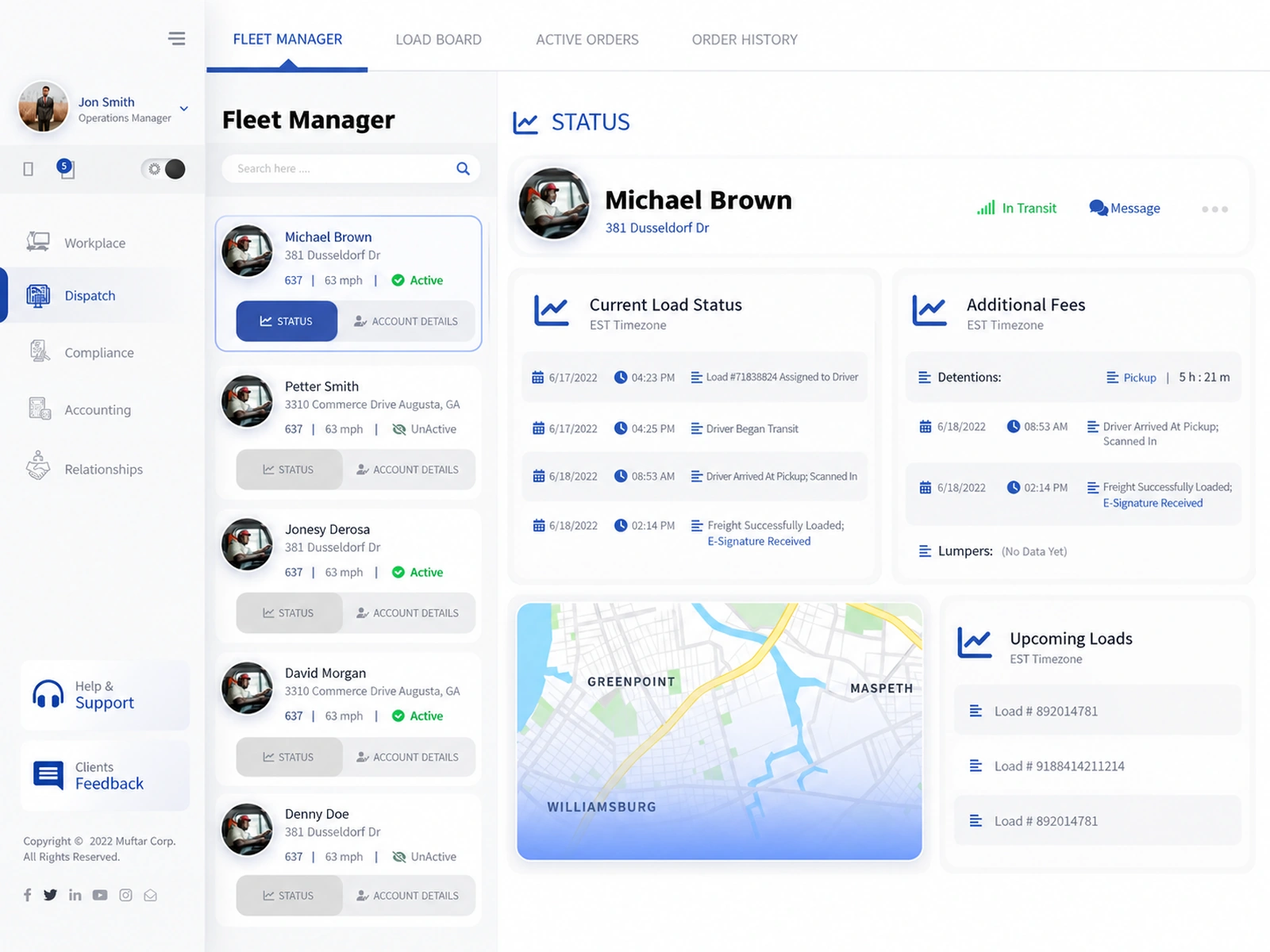 Fleet dispatch dashboard with driver status, current loads, route map, and upcoming deliveries