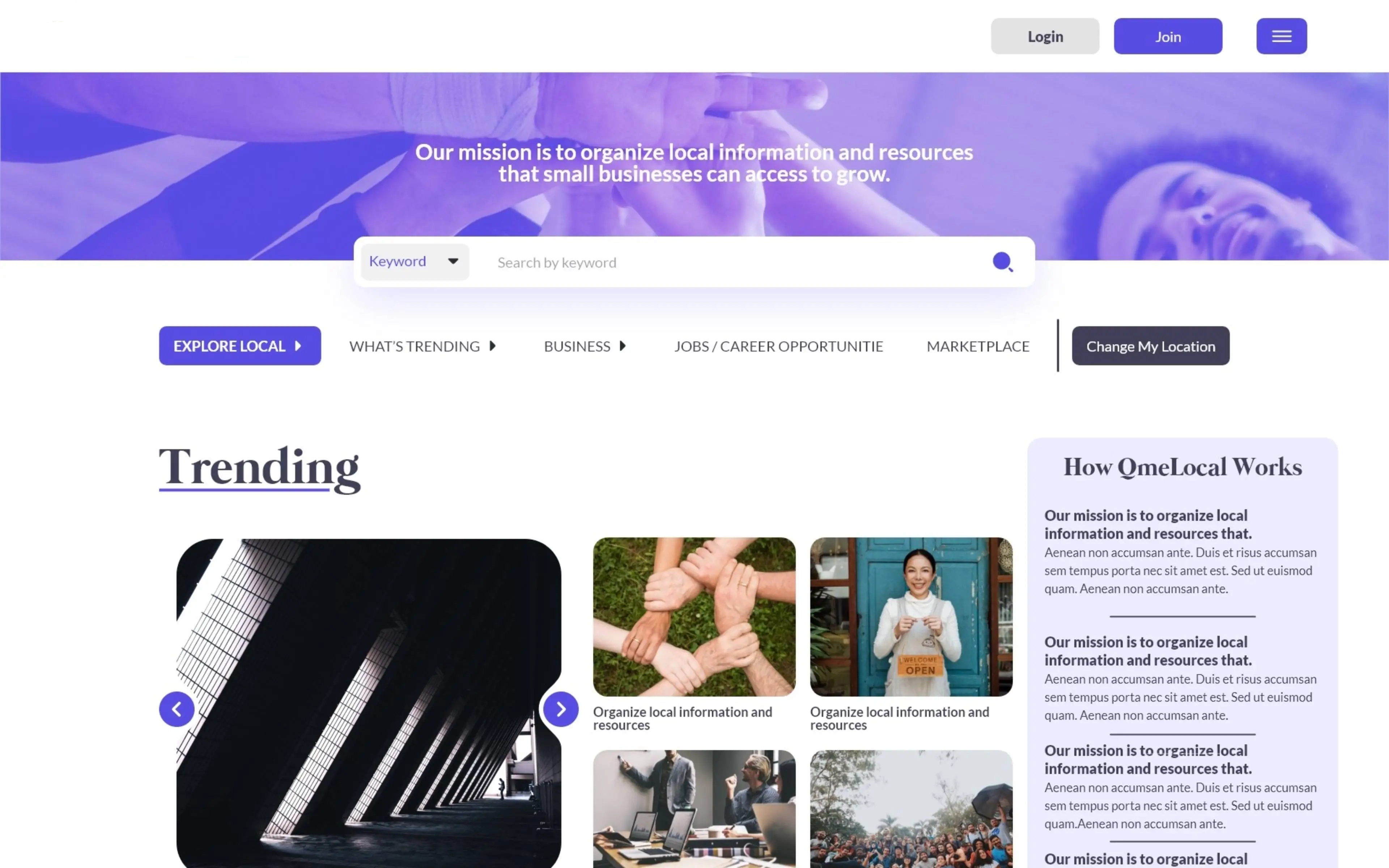 Local business directory platform with search, community resources, jobs, and marketplace navigation