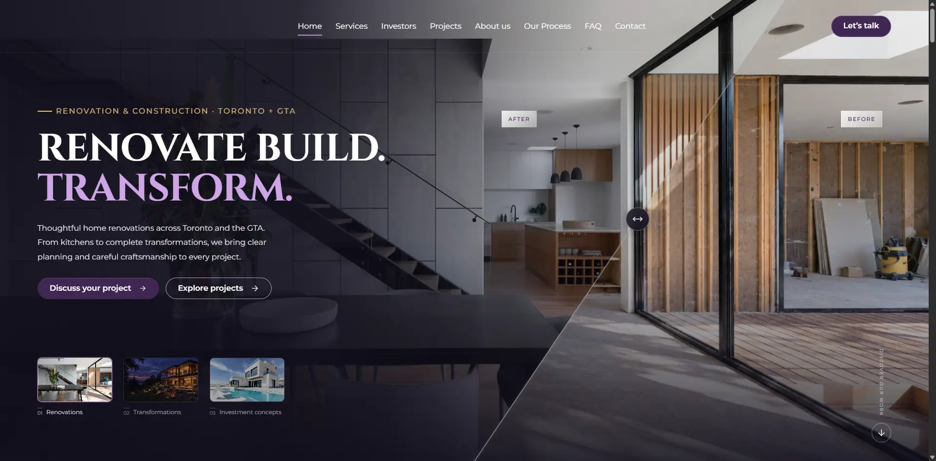 Home renovation and construction website featuring a before-and-after home transformation