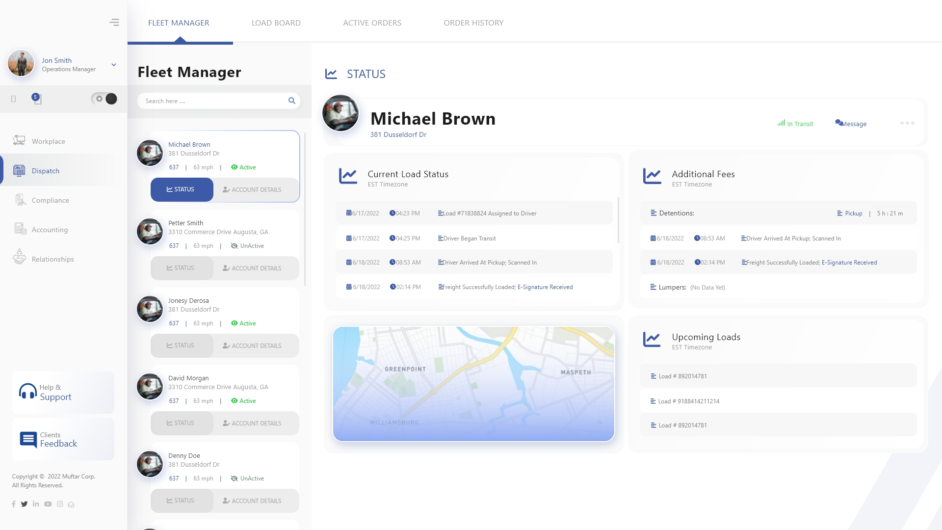 Logistics and dispatch management dashboard with driver status, load tracking, and delivery information