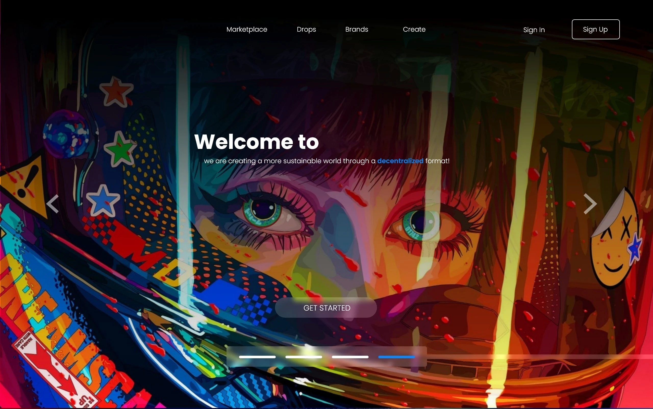 Digital marketplace website with illustrated homepage and navigation for brands and collections