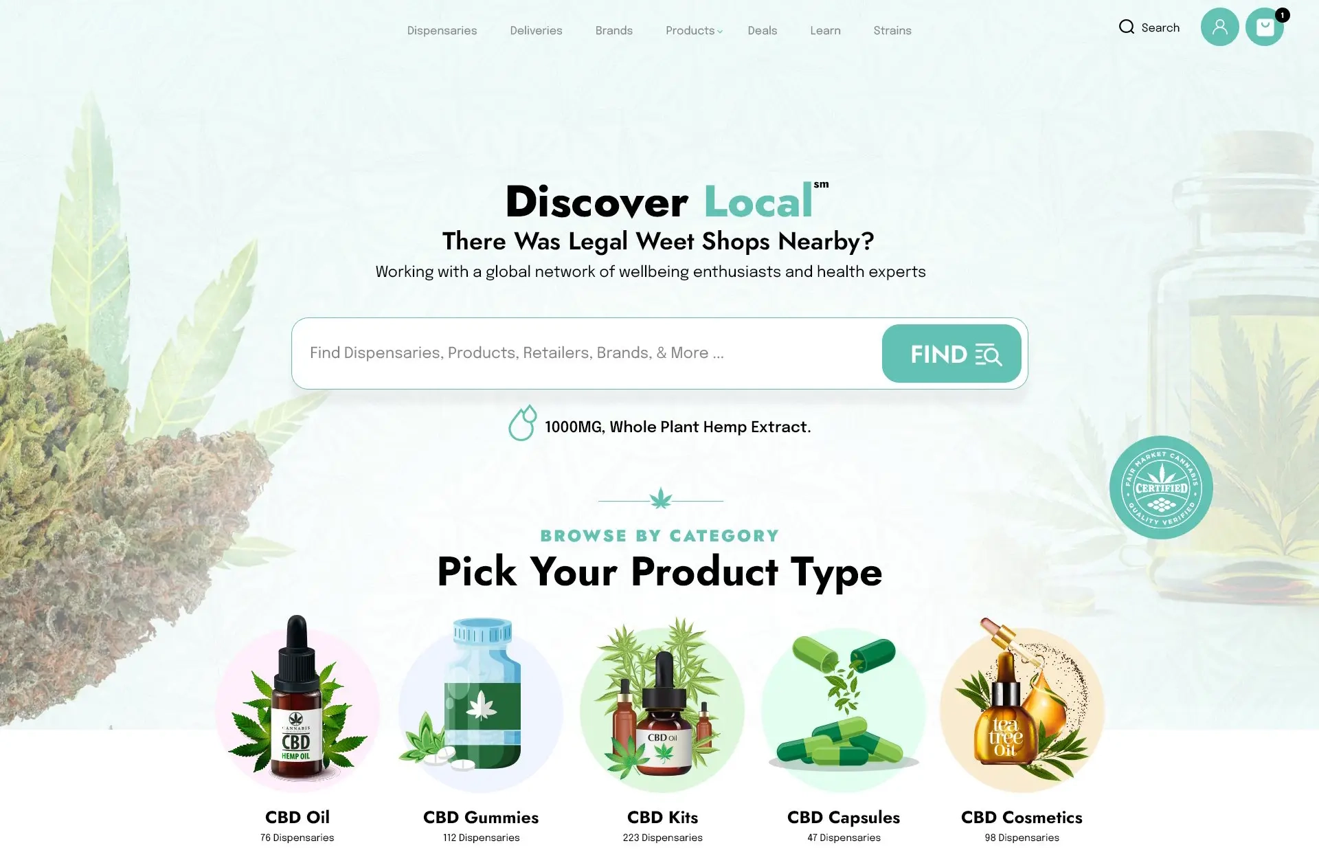 CBD and dispensary directory website with product search and categories for oils, gummies, and capsules