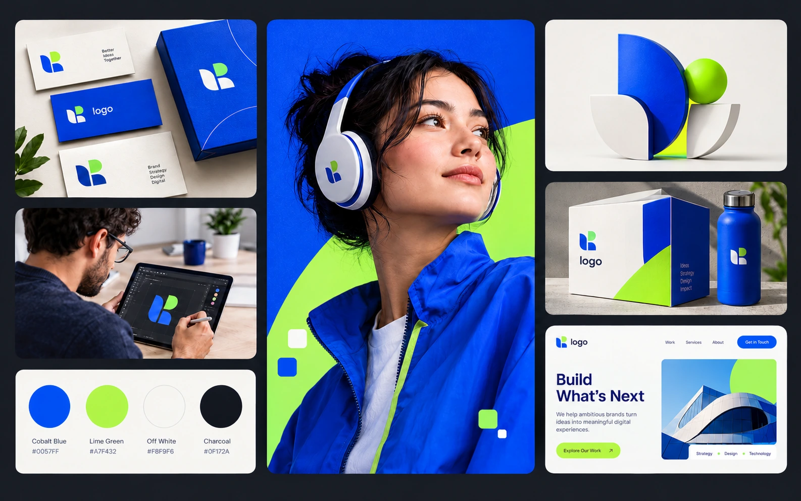 Brand identity moodboard with logo design, stationery, packaging, and color palette