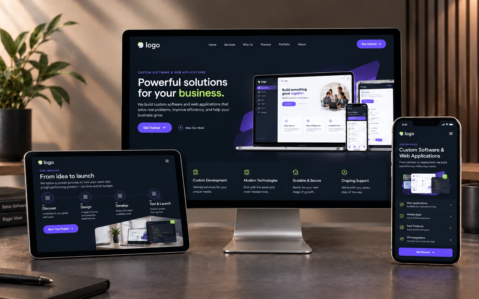 Custom software and web application showcase displayed on desktop, tablet, and mobile