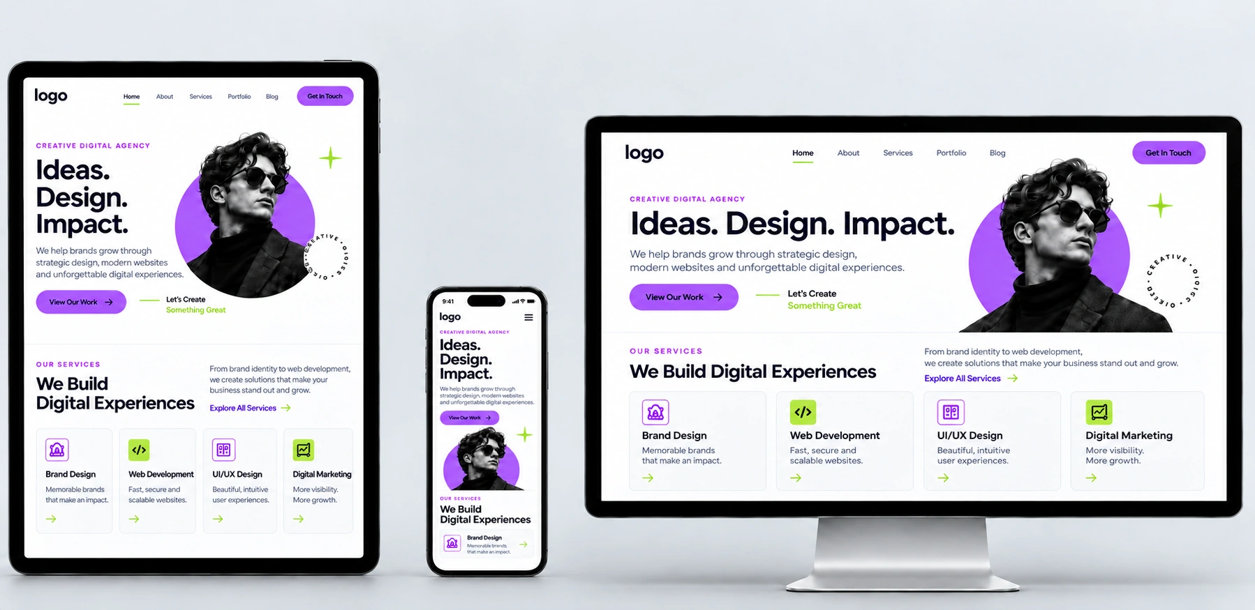 Light theme responsive business website and landing page on desktop, tablet, and mobile