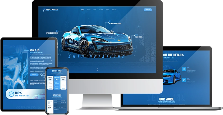 Precision Car Detail website shown on a desktop monitor, a laptop, a tablet and a phone