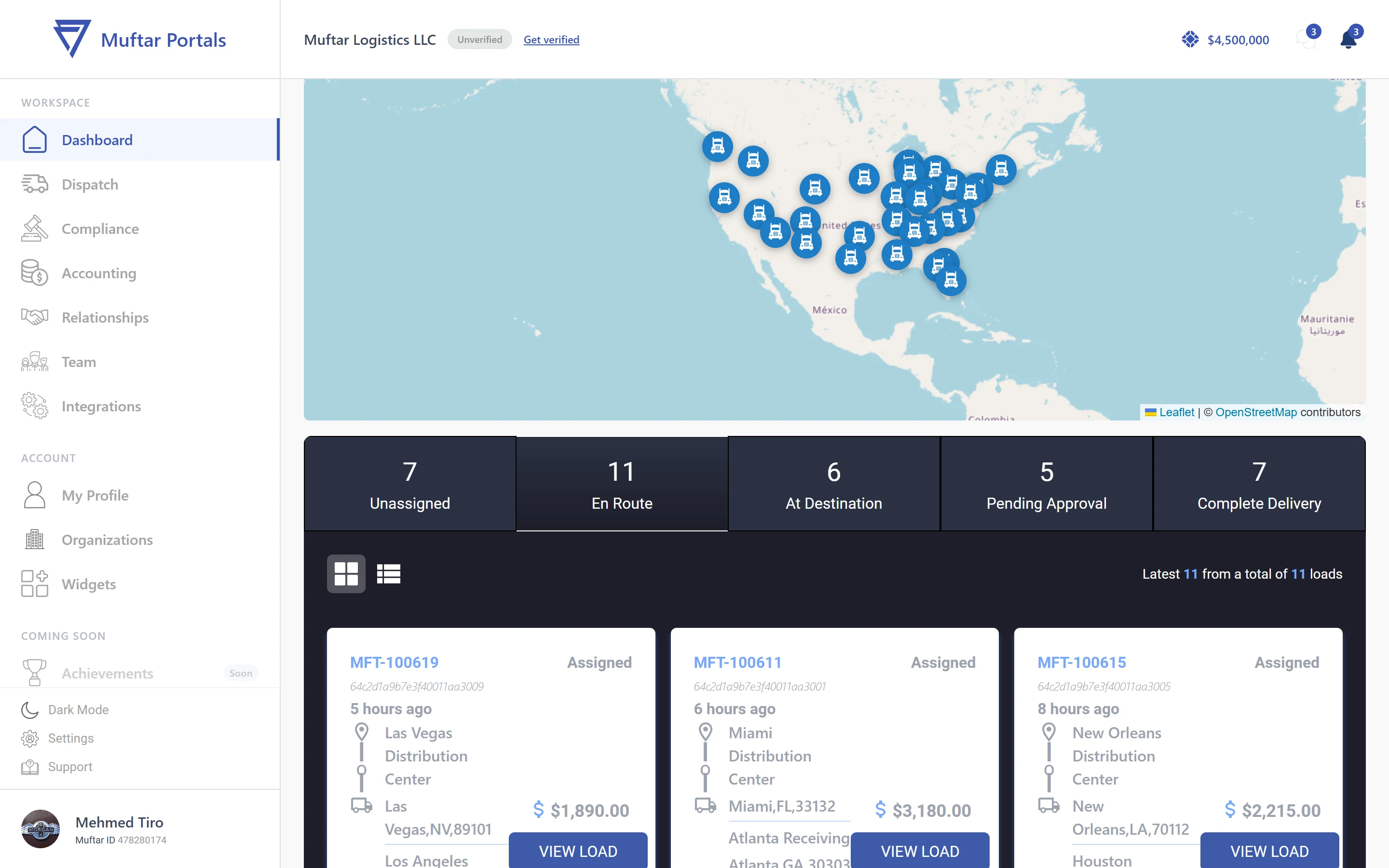 Muftar carrier portal overview with the fleet map and load status tabs
