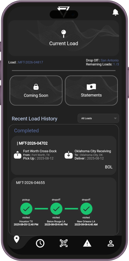 Driver app home dashboard with the current load and recent history